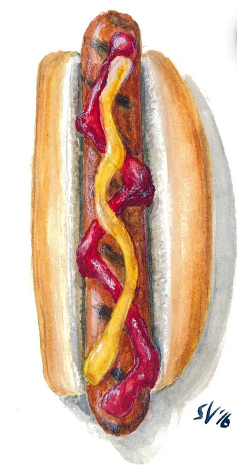 Bookmarker Ideas, Hot Dog Drawing, Realistic Food Art, Hot Dog Art, Doodles Food, Tv Painting, College Portfolio, Asparagus Tart, Lunch Catering