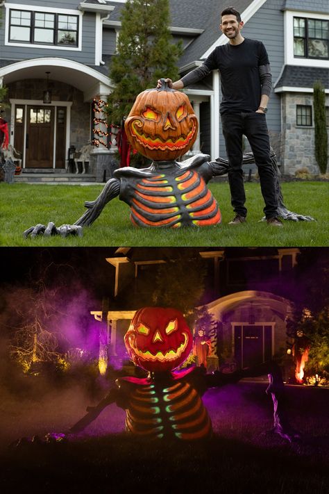 This massive skeletal pumpkin monster looks as if it's climbing up out of the front lawn (or pumpkin patch) and eerily glows in the dark under a black light. 🎃 Scary Pumpkin Outdoor Decorations, Scary Pumpkin Yard Decor, Halloween Pumpkin Yard Decorations, Pumpkin Graveyard Decor, Large Scale Halloween Decorations, Scary Pumpkin Patch Decorations, Halloween Pumpkin Patch Yard, Haunted Pumpkin Patch Ideas, Haunted Pumpkin Patch Yard