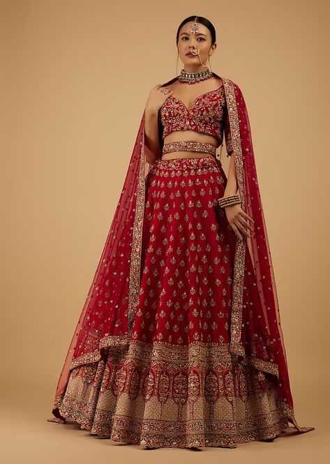 Bride And Baraat Cherry Red Fully Embroidered Lavish Lehenga Choli With Belt Kalki Fashion Lehenga, Bridal Dupatta Draping, Bridal Dupatta Draping Styles, Indian Wedding Lengha, Kundan Embroidery, Sangeet Ideas, Red Lengha, Dupatta Draping Styles, Lehenga Look