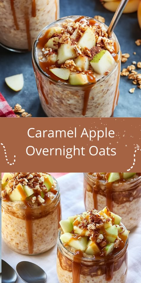 Ingredients:  1 cup old-fashioned rolled oats 1/2 cup unsweetened applesauce 1/2 cup plain Greek yogurt 1/2 cup unsweetened almond milk 1 tablespoon chia seeds 1 tablespoon maple syrup 1/2 teaspoon vanilla extract 1/2 teaspoon cinnamon 1/4 cup diced apple 1 tablespoon caramel sauce, for topping Carmel Apple Over Night Oats, Unsweetened Applesauce Uses, Warm Overnight Oats, Peach Oats, Apple Overnight Oats, Best Overnight Oats Recipe, Oat Recipes Healthy, Overnight Oats Recipe Healthy, How To Make Caramel