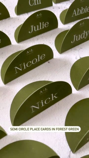 Polka Dot Paper on Instagram: "Semi-circle place cards in forest green 💚" Wedding Stationery Name Cards, Wedding Guest Place Card Ideas, Circle Wedding Invitations, Wedding Name Place Cards Ideas, Diy Name Place Cards, Forest Green Wedding Decor, Place Name Ideas, White And Green Wedding Decor, Circle Place Cards