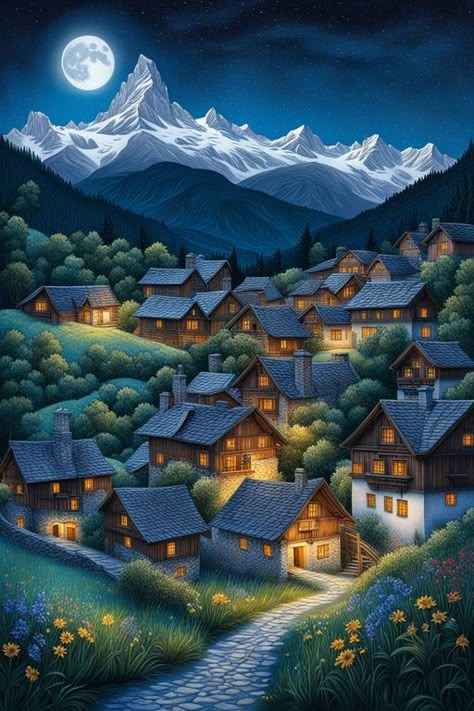 Mountain Villages, Village Drawing, Cottage Illustration, Watercolor Houses, Night Illustration, Snow Art, Diy Artwork, Cottage Art, Architecture Painting