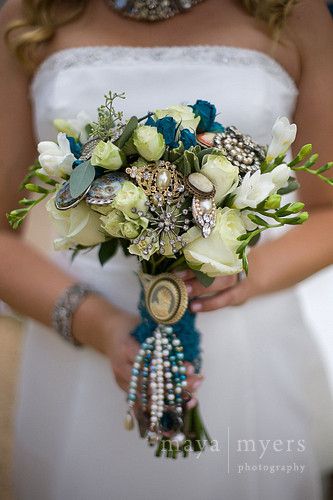 Unique broach bouquet with blue flowers. www.flourla.com Loved what you did to this for Kristen's Wedding Carly! Broch Bouquet, 1930 Wedding, 1930s Wedding, Jeweled Bouquet, Vintage Headpiece, Bridal Brooch Bouquet, Wedding Brooch Bouquets, Beach Wedding Flowers, Unique Wedding Flowers