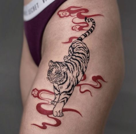 Japanese Tattoo Thigh For Women, Traditional Red Tattoo, Tiger Red Tattoo, Japanese Style Tiger Tattoo, Red Ink Tiger Tattoo, Japanese Tattoos Traditional, Tiger Tattoo For Women Thighs, Tiger Thigh Tattoo For Women, Japanese Thigh Tattoo