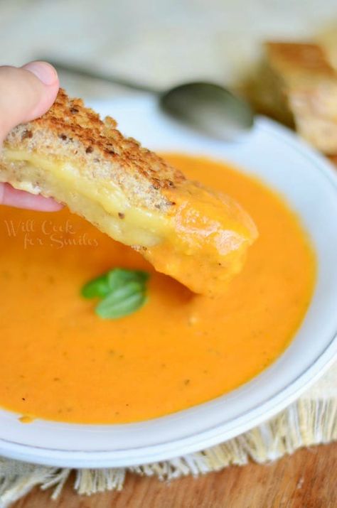 Tomato Bisque with Smoked Gouda Grilled Cheese Dippers - Will Cook For Smiles Meatball Gnocchi, Gouda Grilled Cheese, Unhealthy Recipes, Cheese Dippers, Spicy Meatball, Will Cook For Smiles, Tomato Bisque, Gnocchi Soup, Smoked Gouda