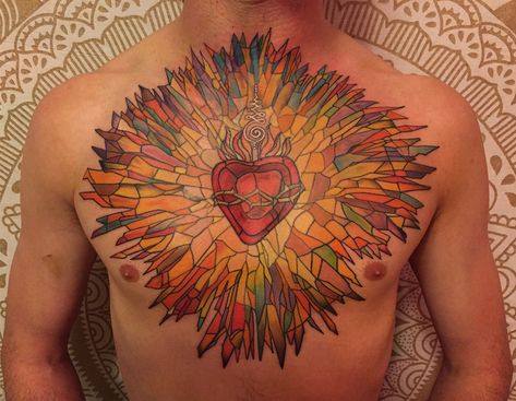 Rudi Redman on Instagram: “Finished stained glass, sacred heart, unalome, chest piece on my friend Michael. This was beyond fun! Thank you @mauthor84 ✴️ #chestpiece…” Heart Unalome, Stained Glass Tattoo, Glass Tattoo, Peacock Tattoo, Head Tattoo, Chest Tattoo Men, Head Tattoos, Chest Piece, Stained Glass Patterns