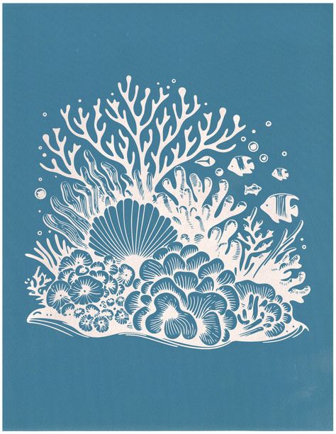 Coral Reef This Ready-To-Use stencil comes as an 8.5"x11" stencil, or as a digital download. This design showcases a vibrant coral reef scene teeming with life. It features various forms of coral, anemones, and small fish swimming amidst the underwater flora. The intricate detailing and the sense of underwater movement make it a dynamic piece. Printing this design on apparel or household items like shirts, wooden plaques, glassware, or ceramics could bring a piece of the ocean's mystery into eve Coral Reef Silhouette, Coral Reef Graphic Design, Round Design Art, Corals Illustration, Coral Outline, Ocean Stencil, Coral Reef Illustration, Coral Photography, Screen Printing At Home