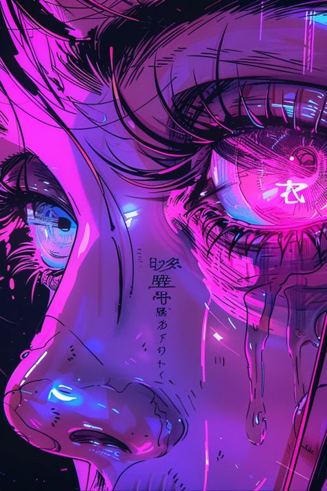 Neon Character Art, Cyberpunk Painting Acrylic, Cyberpunk Aesthetic Pfp, Cyberpunk Aesthetic Icon, Drawing Purple, الفن الرقمي, Cyberpunk Anime, Gaming Art, Cyberpunk Aesthetic