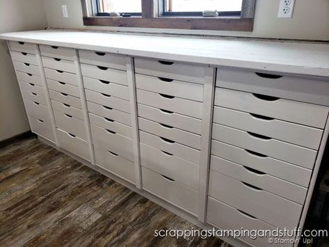 Ikea Craft Closet Hack, Craft Room File Cabinet Organization, Craft Room Storage Units, Craft Room Design Ikea, Craftroom Storage Cabinets, Craft Room Drawers, Craft Room Storage Furniture, Craft Wood Storage, Scrapbooking Room Ideas