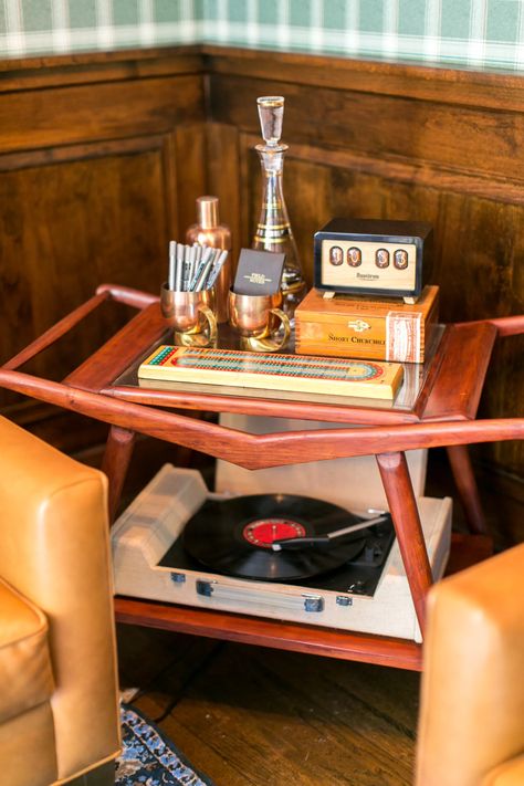 House Tour: A 1947 California Craftsman Restored | Apartment Therapy Vinyl Record Decor, Crosley Record Player, Record Decor, Radio Record Player, California Craftsman, Vintage Bar Cart, Schoolhouse Electric, Vintage Bar Carts, Sofa Company