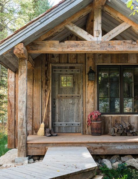 A PLACE FOR VISITORS - JLF Architects House Design Rustic, Cabin Entrance, Stone Cabin, Rustic Homes, Architecture Design Process, Little Cabin In The Woods, Small Log Cabin, Big Personality, Cabin Exterior