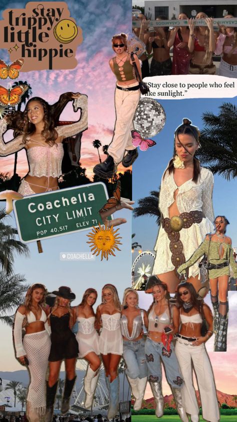 Collage of what to wear to Coachella. Features crochet sets, light wash denim, boho outfits, and Y2K outfits Coachella Aesthetic, Crochet Music, Coachella Theme, Coachella Vibes, Bridal Shower Inspo, Bachelorette Themes, Y2k Boho, Aesthetic Y2k, City Limits