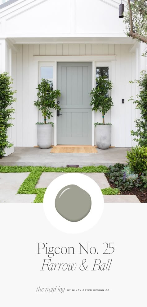 We love making a statement at the front door, so we’re excited to share our go-to hues to give you some inspiration to spruce up your home's curb appeal. Head to the blog to see 8 MGD favorite front door paint colors! This dutch door paint color in a sage green color is refreshing, welcoming, and effortless! // #coastalexterior #paintcolors Sea Foam Green Front Door, White House With Sage Door, Sage Outdoor Paint, Green Gray Front Door, Safe Green Front Door, White And Sage House Exterior, Green Grey Front Door, Sage Green Front Door White House, Greige Front Door