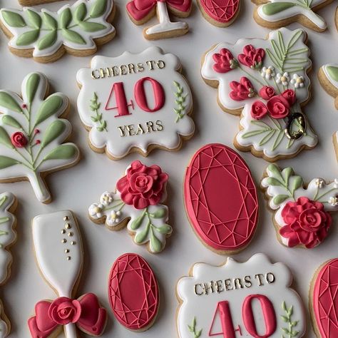 40th Cookies Decorated, 40 Cookies Decorated, Rose Gold 40th Birthday Cookies, 40th Birthday Cookies Women, 40 And Fabulous Cookies Decorated, 40th Wedding Anniversary Party Ideas, Anniversary Cookies, Ruby Anniversary, Ruby Wedding Anniversary