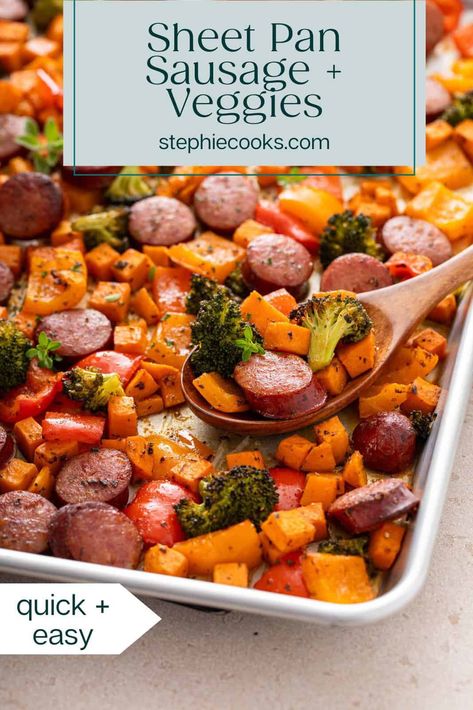 Sheet Pan Sausage and Veggies Chicken Sausage Potato Sheet Pan, Healthy Sheet Pan Sausage And Veggies, Turkey Sausage Sheet Pan Recipes, Vegetable Sheet Pan Dinners, Sheet Pan Polish Sausage And Veggies, Polish Sausage Sheet Pan Recipes, Sheet Pan With Sweet Potatoes, Healthy Andouille Sausage Recipes, Chicken Sausage Veggie Sheet Pan