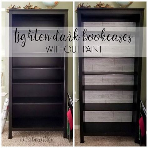 Wallpapered Bookcase, Diy Bookcase Makeover, Dark Bookshelves, Dark Wood Bookcase, Wallpaper Bookcase, Brown Bookshelves, Diy Bookcase, Farmhouse Bookcases, Upcycled Furniture Before And After