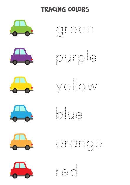 Tracing letters. trace names of basic co... | Premium Vector #Freepik #vector #alphabet-tracing #trace #worksheet #kids-worksheet Colours Name For Kids, White Vegetables, Trace Worksheet, Comprehension Kindergarten, Transportation Preschool Activities, Free Printable Alphabet Worksheets, Shape Worksheets For Preschool, Name Tracing Worksheets, Kindergarten Phonics Worksheets