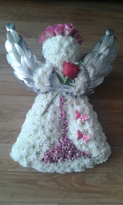 Angel tribute in white and pink #funeralflowers Angel Flower Arrangements, Oasis Floral Foam Shapes, Animal Flower Arrangements, Easter Flower Arrangements, Sympathy Arrangements, Grave Flowers, Grave Decorations, Memorial Flowers, Cemetery Flowers