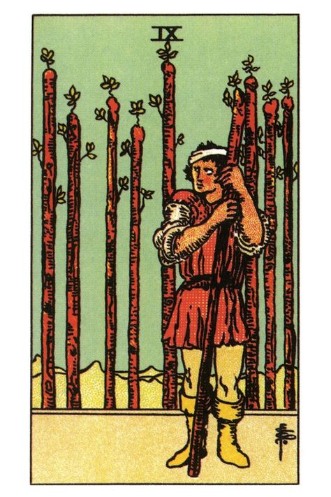 Nine of Wands Tarot Card Meaning. Nine Of Wands Tarot, Nine Of Wands, Eight Of Wands, King Of Wands, Ace Of Pentacles, Rider Waite Tarot Decks, Wands Tarot, Tarot Cards For Beginners, 78 Tarot Cards