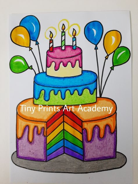 Cake Colour Painting Ideas, Cake Drawing For Kids, How To Draw Cake, Cake Drawing Easy, Birthday Cake Drawing, Drawing Pictures For Kids, Canvas Art Painting Abstract, Oil Pastel Drawings Easy