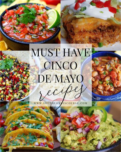 These easy Cinco de Mayo recipes highlight some of the very best, must-have Mexican & Tex Mex inspired dishes. We’re talking enchiladas, tacos, nachos, fresh salsas, guacamole, street corn, Charro Beans and fajitas just to name a few! You’re going to find everything you’ll need and more to create your very own Cinco de Mayo party menu. Cinco De Mayo Recipes, 5 De Mayo, Fresh Salsa, Southern Recipes, Cooking Dinner, Nachos, Mexican Food, Chutney, Guacamole