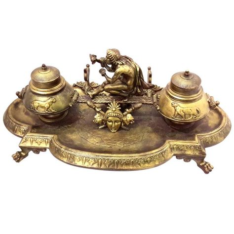 Neoclassical Grand Tour Bronze Inkwell, 19th Century | From a unique collection of antique and modern inkwells at https://www.1stdibs.com/furniture/decorative-objects/desk-accessories/inkwells/ Cool Desk Accessories, Artifact Art, Antique Inkwells, Quill Pen, Vintage Pens, Vintage Photoshoot, Art Deco Movement, Writing Accessories, Antique Keys