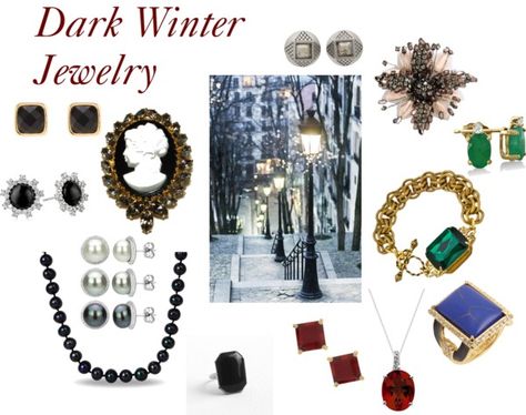 Dark Winter Jewelry Deep Winter Palette Outfits, Winter Skin Tone, Deep Winter Palette, Deep Winter Colors, Winter Sparkle, Jewelry Kit, Winter Pins, Winter Color Palette, Winter Typ