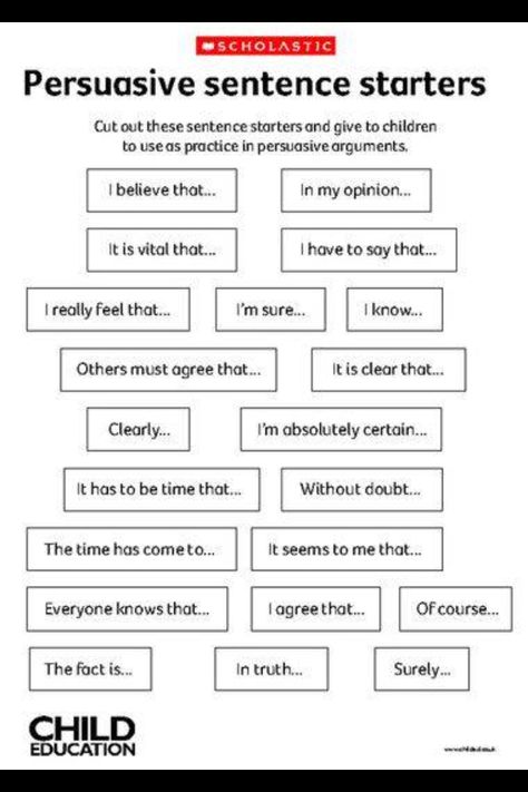 Persuasive sentence starters Persuasive Text, 5th Grade Writing, 3rd Grade Writing, 2nd Grade Writing, 4th Grade Writing, Sentence Starters, Literacy Resources, Elementary Writing, Speaking Activities