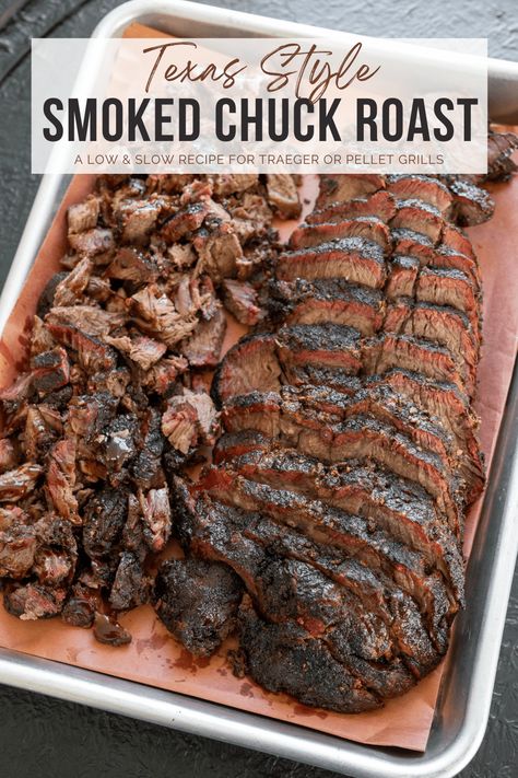 Smoked Chuck Roast Recipes Pellet, Chuck Roast Traeger Recipe, Traeger Chuck Roast, Smoked Beef Chuck Roast Burnt Ends, Bbq Chuck Roast Grill, Bottom Chuck Roast Recipes, Smoked Chuck Roast Electric Smoker, Chuck Roast Smoker Recipe, Smoked Roast Beef Recipes