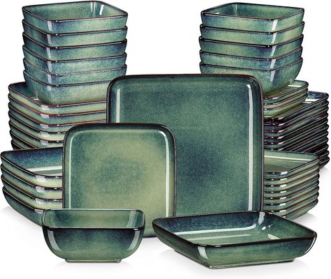 Amazon.com | vancasso Stern Green Dinner Set- Square Reactive Glaze Tableware- 48 Pieces Kitchen Dinnerware Stoneware Crockery Set with Dinner Plate, Dessert Plate, Bowl and Soup Plate Service for 12: Dinnerware Sets Crockery Set, Plates And Bowls Set, Stoneware Dinnerware Sets, Green Square, Stoneware Dinnerware, Stylish Tables, Kitchen Dinnerware, Stainless Steel Cookware, Ceramic Dinnerware