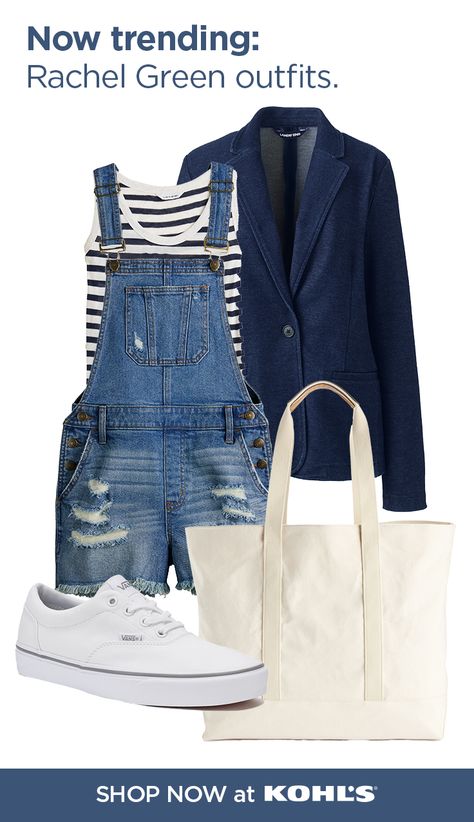 Whether you’re a mega-Friends fan or just looking for ’90s fashion inspo, Rachel Green is your queen. Recreate her looks with cute pieces you’ll wear all summer long. Layer jean short overalls over a striped tank top, and add a navy blazer and white sneakers. Swap Rachel’s shopping bags for a cute tote. Bonus points for coffee and a boyfriend named Ross. Recreate more Rachel Green outfits at Kohl’s and Kohls.com. Blazer And White Sneakers, Overall Shorts Outfit, Cutesy Clothes, Rachel Green Outfits, Jean Short Overalls, Denim Fits, Friends Fan, Long Layer, Green Outfits