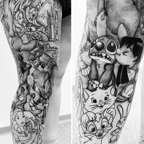 Full Leg Disney Tattoo In Progress Disney Sleeve Tattoos, Disney Sleeve, Full Leg Tattoos, Dragon Sleeve Tattoos, Marquesan Tattoos, Tattoos Geometric, Irezumi Tattoos, Disney Tattoo, Leg Tattoo Men