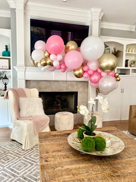 Fireplace Mantle Balloon Garland, Balloon Arch On Mantle, Balloons Around Fireplace, Balloon Garland Fireplace Mantle, Balloon Garland Mantle, Mantle Balloon Garland, Balloon Garland On Fireplace, Balloon Mantle, Fireplace Balloons