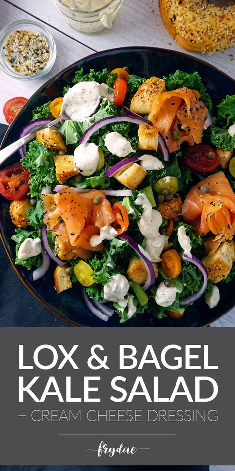 This lox and bagel salad features homemade everything bagel croutons, kale, tomato, red onion and lots of buttery lox salmon. Topped with a homemade everything bagel cream cheese dressing this salad will transport you straight to the streets of New York City.  #loxandbagel #lox #everythingbagel #everythingbagelseasoning #everythingbutthebagel #salmonsalad #easysalad #saladrecipe #lunchideas Everything Bagel Salad, Bagel Croutons, Cream Cheese Dressing, Bagel Salad, Everything Bagel Cream Cheese, Main Dish Salad Recipes, Homemade Everything, Bagel Toppings, Lox And Bagels