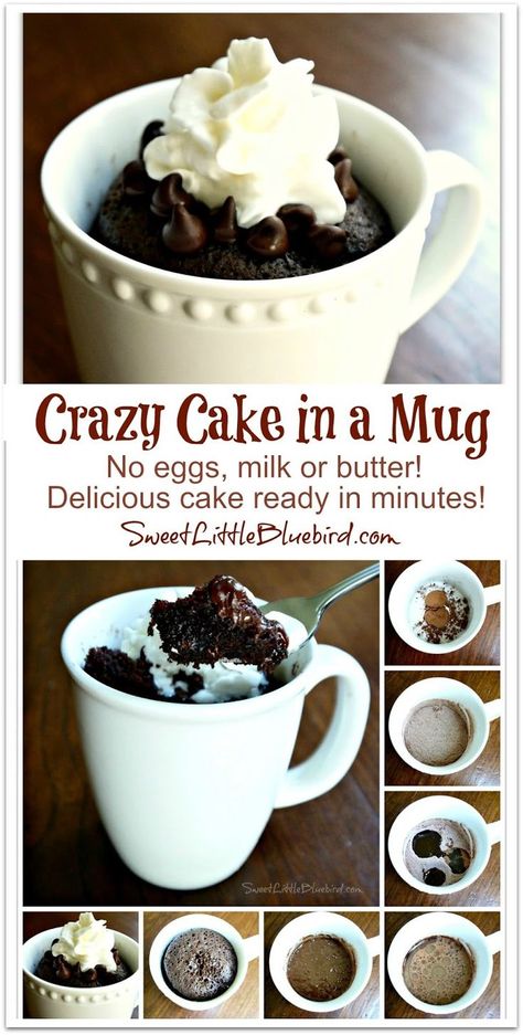 Crazy Cake in a Mug - Single Serving - No eggs, milk or butter! Ready in 2 minutes or less  in the microwave! Super moist, delicious!  | SweetLittleBluebird.com Single Serving Cake, Microwave Mug Recipes, Desserts Quick, Cake In A Mug, Wacky Cake, Crazy Cake, Mug Cakes, Tasty Dessert, Chocolate Mug Cakes