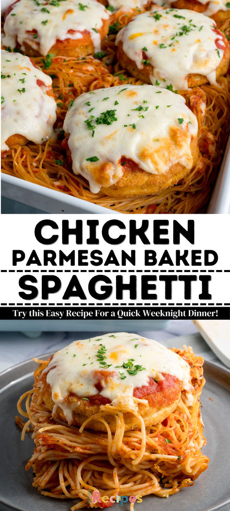 Chicken Parmesan is a much-loved Italian-inspired dish. Normally, it’s breaded chicken breasts topped with tomato sauce and melted cheese, but this version of Chicken Parmesan baked spaghetti is made the easy way by using frozen breaded chicken patties and store-bought marinara sauce! Chicken Parmesan Recipe Chicken Patties, Easy Chicken Patty Parmesan, Chicken Patty Chicken Parmesan, Easy Chicken Parmesan With Frozen Chicken Patties, Chicken Parmesan And Spaghetti, Breaded Chicken Patty Recipes, Chicken Parmesan Spaghetti Bake, Chicken Parm With Chicken Patties, Recipes With Breaded Chicken Patties