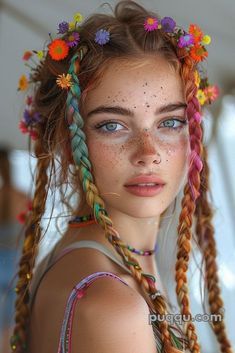 Hair Festival Ideas, Fantasy Hair Styles, Pride Hairstyles, Fantasy Hairstyle, Hairstyles Festival, Floral Hairstyles, Boho Hairstyles For Long Hair, Fairy Hairstyles, Colorful Portrait Photography