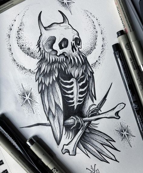 Evil Owl Drawing, Skull And Owl Tattoo, Owl And Skull Drawing, Owl Tattoo With Skull, Spooky Owl Tattoo, Witchcraft Tattoos, Bat Tattoo, Pretty Hand Tattoos, Wicked Tattoos