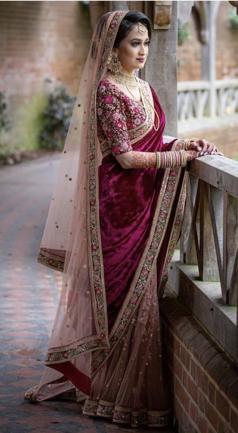 Velvet Saree Sabyasachi, Bridal Looks Indian Brides In Saree, Bridal Net Saree, Reception Saree Look For Bride, Reception Saree Look, Pink Bridal Lehenga, Sabyasachi Bridal, Velvet Saree, Reception Saree