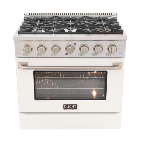 Kucht Pro-Style 36 in. 5.2 cu. ft. Natural Gas Range with Sealed Burners and Convection Oven in White Oven Door-KNG361-W - The Home Depot Panel Ready Refrigerator, Bar Nook, White Oven, White Knobs, Microwave Drawer, Convection Cooking, Stainless Steel Range, Dual Fuel Ranges, Steel Tub