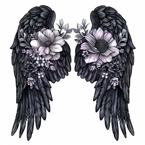 Angel Wings On Back Tattoo For Women, Angel Wings Tattoo With Flowers, Sunflower Tattoos Black And White, Angel Wings Back Tattoo Women, Dark Angel Wings Tattoo, Floral Wings Tattoo, Angel Wings Rose Tattoo, Black Wings Tattoo, Angel Wing Tattoo Designs