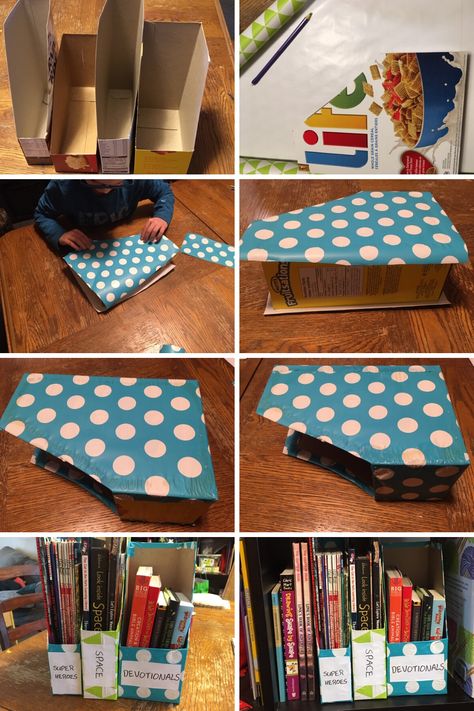 Upcycled Cereal Box Bookshelf Organizers |  A super simple DIY project for the kids' bookshelf.   #cerealboxcraft #cerealboxorganizer #cerealboxproject #bookshelforganizationkids Cereal Boxes Diy, Box Bookshelf, Cereal Box Organizer, Diy Cereal, Coloring Book Storage, Upcycle Paper, Diy Makeup Organizer, Cereal Box Craft, Cardboard Box Diy