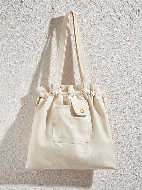 Pocket Side Canvas Tote Bag With Drawstring | SHEIN USA Canvas Shopper Bag, Sacs Tote Bags, Canvas Bag Design, Tas Bahu, Sac Diy, Diy Tote, Diy Bag Designs, Tote Bags Sewing, Diy Tote Bag