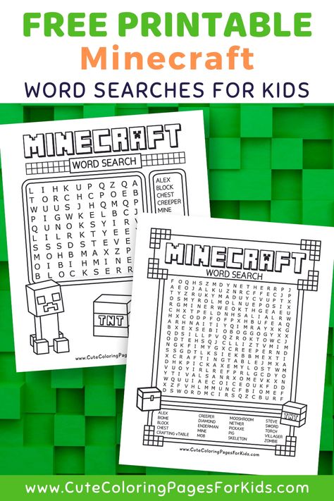 Download these fun and challenging Minecraft activity sheets for kids. 
We have two challenge levels and all of our word searches double as coloring pages to add to the fun. 
Grab both free printable PDFs. Minecraft Word Search, Minecraft Activity Sheets, Minecraft Activities Printables, Minecraft Free Download, Minecraft Worksheets, Activity Pages For Kids Free Printables, Cute Coloring Sheets, Minecraft Activities, Cute Coloring Pages For Kids