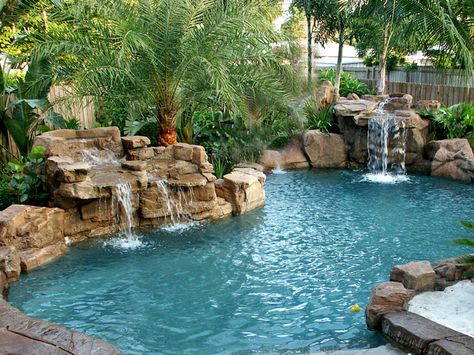 Laguna-Lagoon-Style-Swimming-Pools-El-Paso-TX Swimming Pool Waterfall, Deck Piscina, Amazing Pools, Lagoon Pool, Swimming Pool Ideas, Natural Swimming Pools, Pool Waterfall, Tropical Pool, Luxury Pools