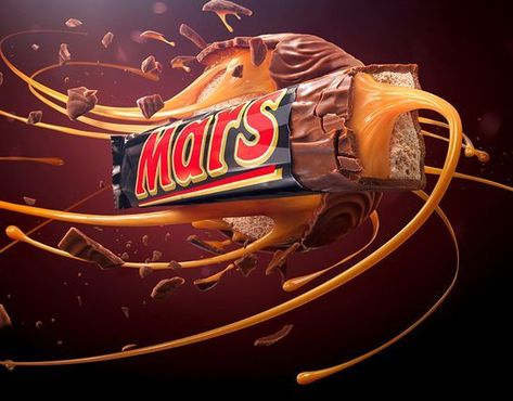 Mars - adver Liquid Photography, Electric Art, Food Creatives, Mars Chocolate, Snickers Chocolate, Grocery Products, Mars Planet, الفن الرقمي, Product Composition