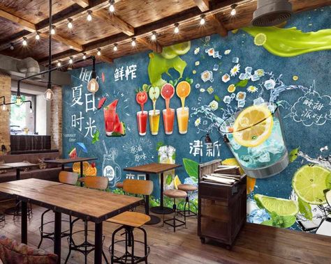 The Most Beautiful Interior Designs of Fruit Juice Shop - The Architecture Designs Juice Shop Interior Design, Restaurant Wallpapers, Juice Shop Interior, Bar Wall Design, Shop Interior Design Ideas, Juice Bar Interior, Shop Mural, Small Shop Design, Juice Bar Design