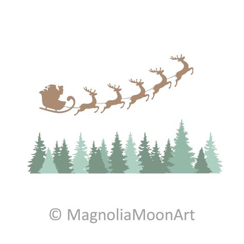 Santa Claus Flying with Reindeer Flying over the Forest Christmas svg Holiday Festive clip art winter scene vector instant download Santa And Reindeer Flying Silhouette, Paper Cards Handmade, Reindeer Flying, Travel Png, Forest Christmas, Flight Travel, Winter Szenen, Art Winter, Christmas Celebration