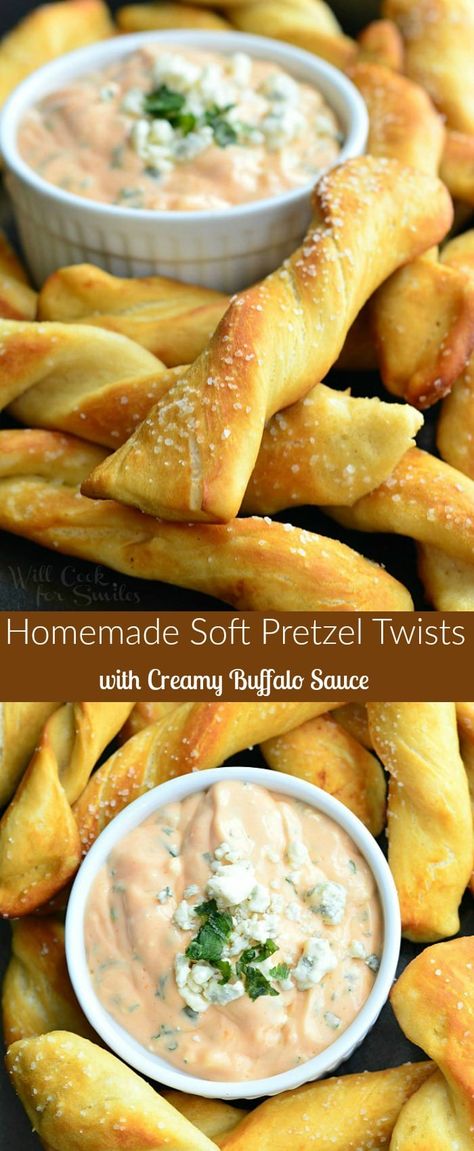 Homemade Soft Pretzel Twists with Creamy Buffalo Sauce. Homemade soft, salted pretzels served with delicious creamy buffalo sauce made with Greek yogurt and blue cheese crumbles. #appetizer #snack #buffalo #pretzel #homemade #partyfood #dip Pretzel Homemade, Creamy Buffalo Sauce, Savoury Scones, Apartment Recipes, Buffalo Sauce Recipe, Soft Pretzel Recipe, Future Chef, Homemade Buffalo Sauce, Homemade Pretzels