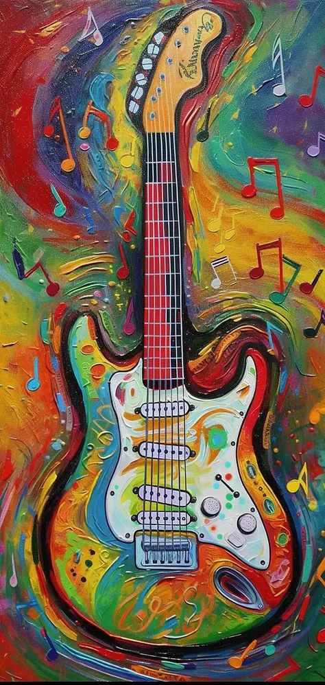 electric guitar, music notes Acrylic Painting Of Guitar, Abstract Guitar Art, Electric Guitar Painting On Canvas, Art Based On Music, Guitar Painting Ideas, Music Painting Ideas, Abstract Guitar Painting, Electric Guitar Painting, Guitar Painting On Canvas